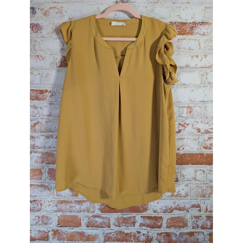 Zenana Flutter Sleeve Blouse Womens Large Mustard Yellow V-Neck Pleated Top